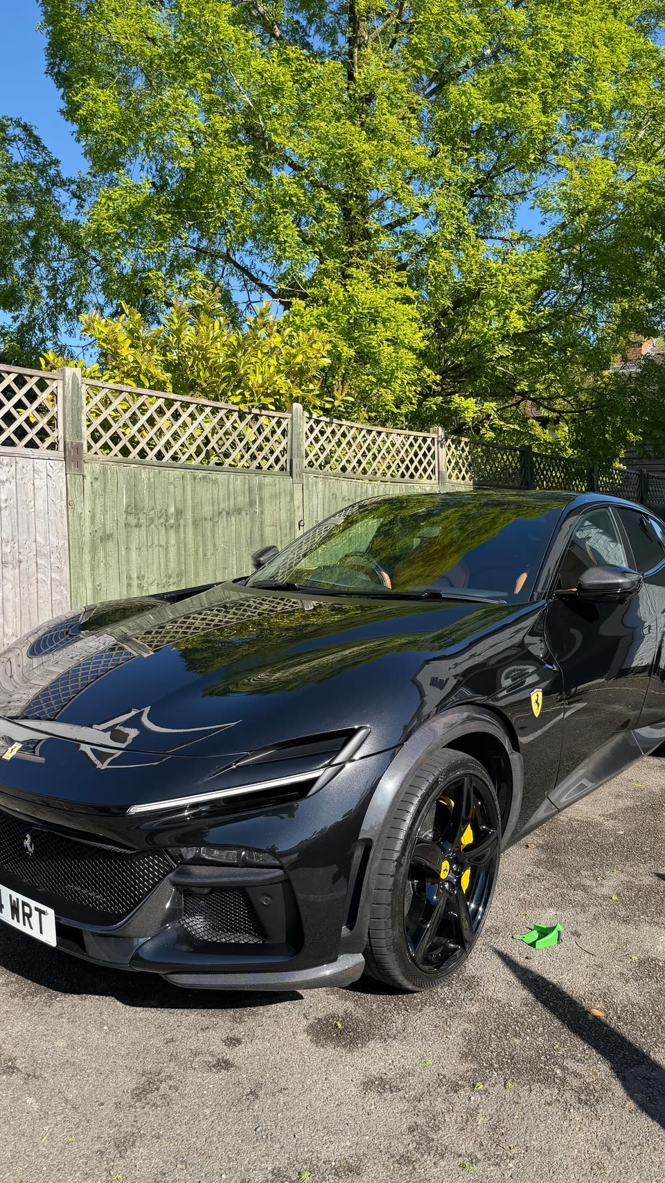 Black Ferrari Purosangue after a full detail on a driveway