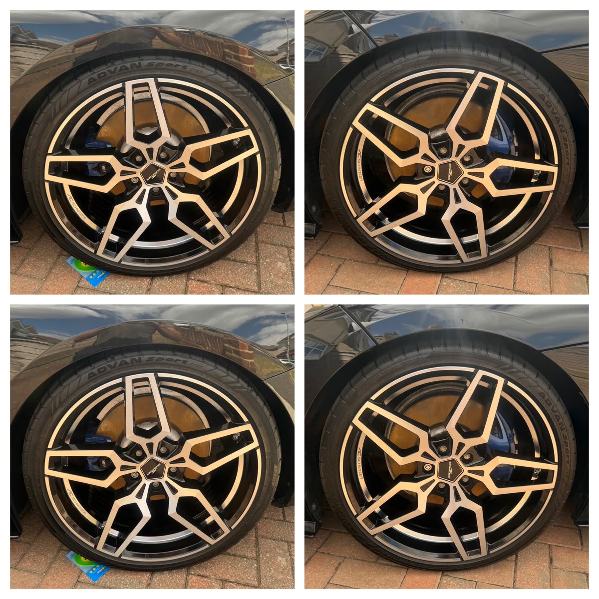 Four views of a two-tone alloy wheel after cleaning and ceramic coating